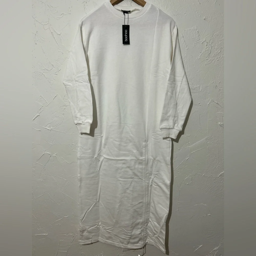 Boohoo White Long Sleeve Ruched Sweatshirt Dress Sz XS | Casual Chic Fall Outfit
